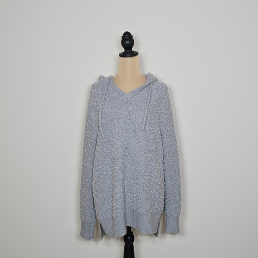 GreenTea Womens Popcorn Knit Hooded V-Neck‎ Sweater Light Gray Size Large